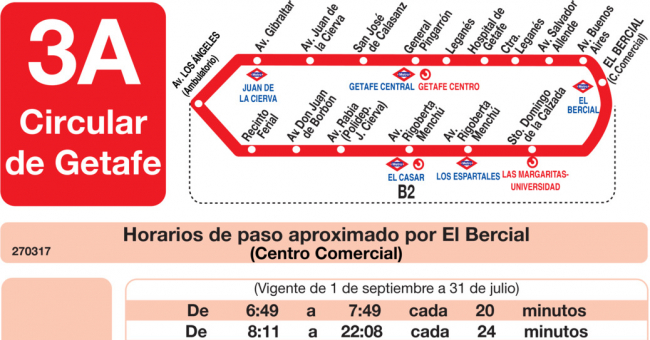 Tabla de horarios y frecuencias de paso en sentido vuelta Línea L-3 Getafe: El Bercial - Juan de Borbón - Ventorro