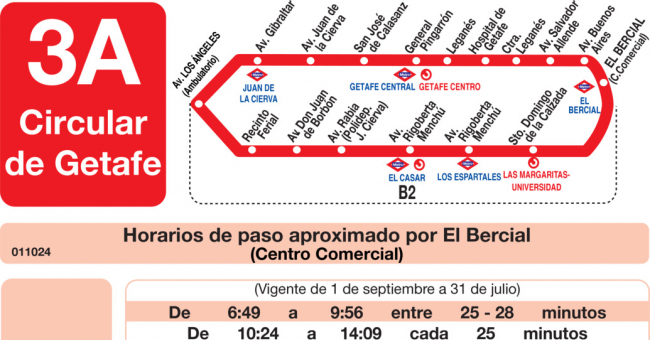 Tabla de horarios y frecuencias de paso en sentido vuelta Línea L-3 Getafe: El Bercial - Juan de Borbón - Ventorro