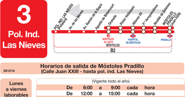 Tabla de horarios y frecuencias de paso en sentido vuelta Línea L-3 Móstoles: Polígono Industrial las Nieves - Móstoles Central