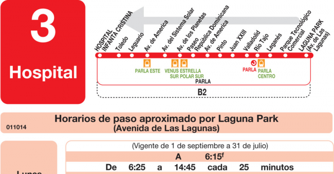 Tabla de horarios y frecuencias de paso en sentido vuelta Línea L-3 Parla: Hospital - Avenida de América - Laguna Park