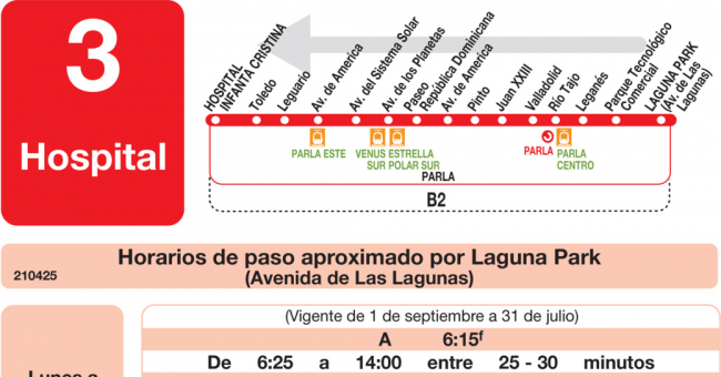 Tabla de horarios y frecuencias de paso en sentido vuelta Línea L-3 Parla: Hospital - Avenida de América - Laguna Park