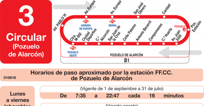 Tabla de horarios y frecuencias de paso en sentido vuelta Línea L-3 Pozuelo de Alarcón: Circular