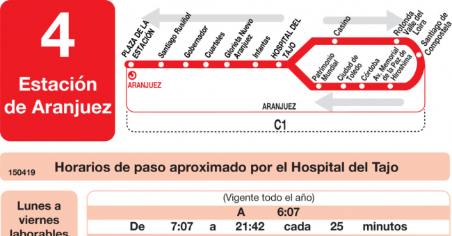 Tabla de horarios y frecuencias de paso en sentido vuelta Línea L-4 Aranjuez: Estación Cercanías RENFE - Hospital - PAU de la Montaña