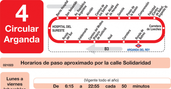 Tabla de horarios y frecuencias de paso en sentido vuelta Línea L-4 Arganda del Rey: Circular