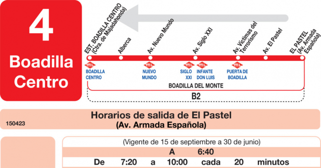 Tabla de horarios y frecuencias de paso en sentido vuelta Línea L-4 Boadilla del Monte: Boadilla Centro - El Pastel