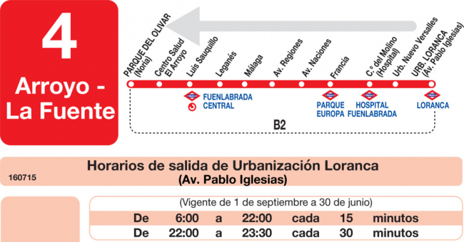 Tabla de horarios y frecuencias de paso en sentido vuelta Línea L-4 Fuenlabrada: El Arroyo - La Fuente - Loranca