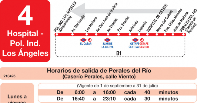 Tabla de horarios y frecuencias de paso en sentido vuelta Línea L-4 Getafe: Hospital - Perales del Río