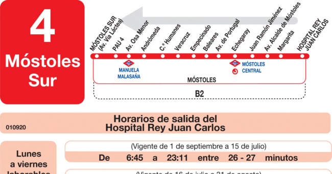 Tabla de horarios y frecuencias de paso en sentido vuelta Línea L-4 Móstoles: Manuela Malasaña - Móstoles Central