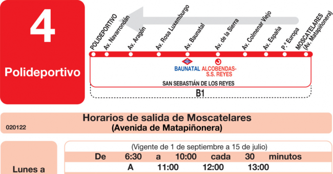 Tabla de horarios y frecuencias de paso en sentido vuelta Línea L-4 San Sebastián de los Reyes: Polideportivo - Moscatelares