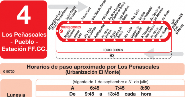 Tabla de horarios y frecuencias de paso en sentido vuelta Línea L-4 Torrelodones: Estación Cercanías RENFE - Colonia - Pueblo - Los Peñascales