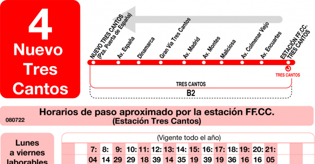 Tabla de horarios y frecuencias de paso en sentido vuelta Línea L-4 Tres Cantos: Nuevo Tres Cantos - Estación Cercanías RENFE