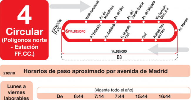 Tabla de horarios y frecuencias de paso en sentido vuelta Línea L-4 Valdemoro: Estación Cercanías RENFE - Polígonos Norte