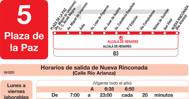Tabla de horarios y frecuencias de paso en sentido vuelta Línea L-5 Alcalá de Henares: Barrio del Pilar - Centro Comercial la Dehesa