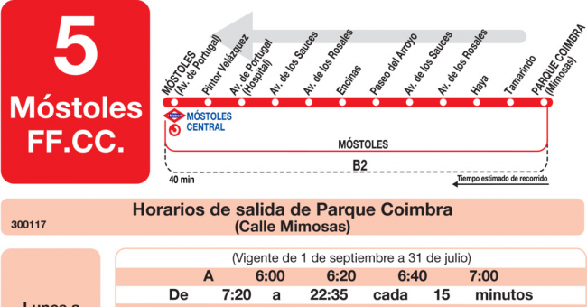 Tabla de horarios y frecuencias de paso en sentido vuelta Línea L-5 Móstoles: Estación Cercanías RENFE - Parque Coimbra