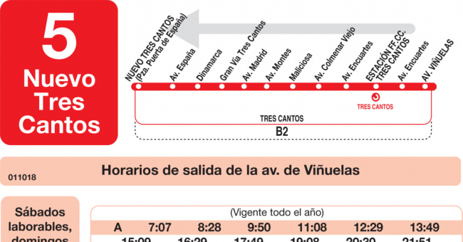 Tabla de horarios y frecuencias de paso en sentido vuelta Línea L-5 Tres Cantos: Nuevo Tres Cantos - Avenida Viñuelas