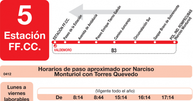 Tabla de horarios y frecuencias de paso en sentido vuelta Línea L-5 Valdemoro: Estación Cercanías RENFE - Polígono Industrial Rompecubas