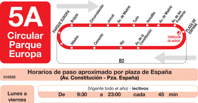 Tabla de horarios y frecuencias de paso en sentido vuelta Línea L-5A Torrejón de Ardoz: Circular Parque Europa