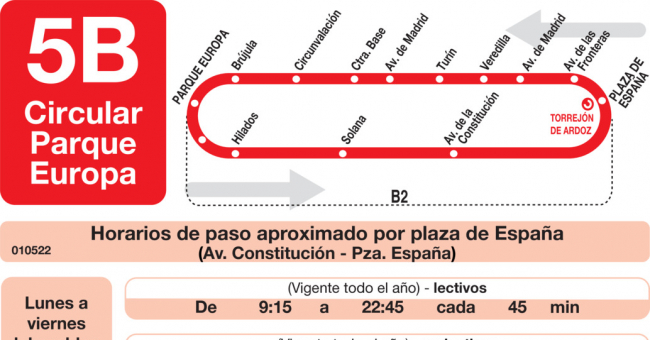 Tabla de horarios y frecuencias de paso en sentido vuelta Línea L-5B Torrejón de Ardoz: Circular Parque Europa