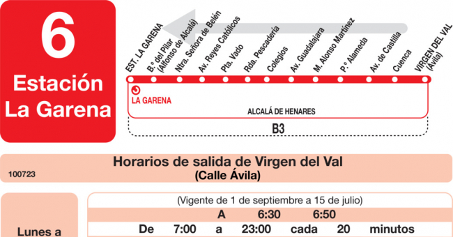 Tabla de horarios y frecuencias de paso en sentido vuelta Línea L-6 Alcalá de Henares: Barrio del Pilar - Barrio Virgen del Val