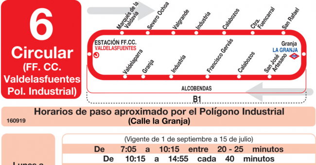 Tabla de horarios y frecuencias de paso en sentido vuelta Línea L-6 Alcobendas: Estación Cercanías RENFE - Valdelasfuentes - Polígono Industrial