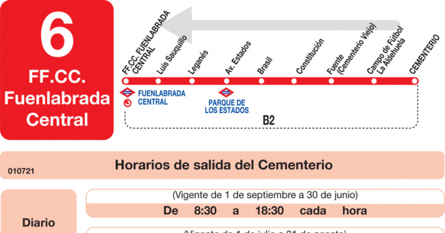 Tabla de horarios y frecuencias de paso en sentido vuelta Línea L-6 Fuenlabrada: Estación Cercanías RENFE - Fuenlabrada Central - Cementerio