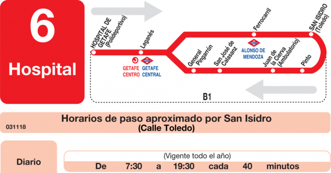 Tabla de horarios y frecuencias de paso en sentido vuelta Línea L-6 Getafe: San Isidro
