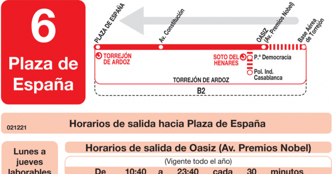 Tabla de horarios y frecuencias de paso en sentido vuelta Línea L-6 Torrejón de Ardoz: Plaza de España - Base Aérea de Torrejón