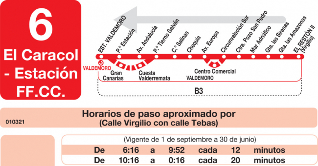 Tabla de horarios y frecuencias de paso en sentido vuelta Línea L-6 Valdemoro: Estación Cercanías RENFE - El Caracol - El Restón II