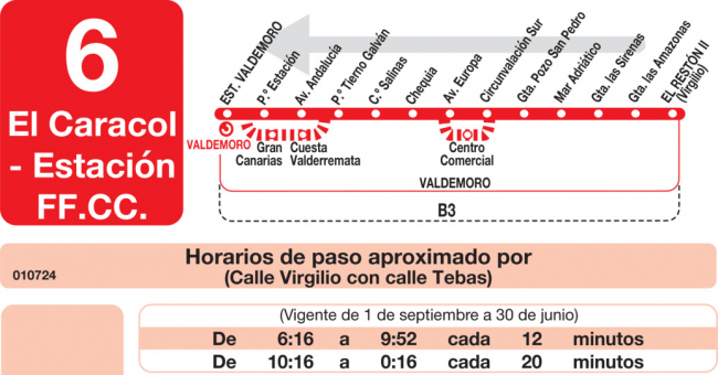 Tabla de horarios y frecuencias de paso en sentido vuelta Línea L-6 Valdemoro: Estación Cercanías RENFE - El Caracol - El Restón II