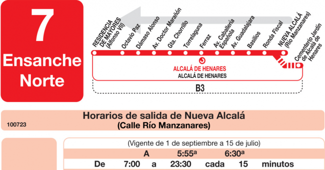 Tabla de horarios y frecuencias de paso en sentido vuelta Línea L-7 Alcalá de Henares: El Ensanche - Nueva Alcalá