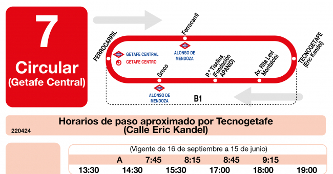 Tabla de horarios y frecuencias de paso en sentido vuelta Línea L-7 Getafe: Circular Tecnogetafe