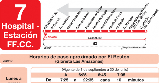 Tabla de horarios y frecuencias de paso en sentido vuelta Línea L-7 Valdemoro: Estación Cercanías RENFE - Hospital - El Restón