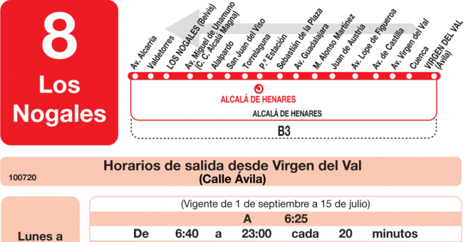 Tabla de horarios y frecuencias de paso en sentido vuelta Línea L-8 Alcalá de Henares: Barrio Campo del Ángel - Barrio Virgen del Val