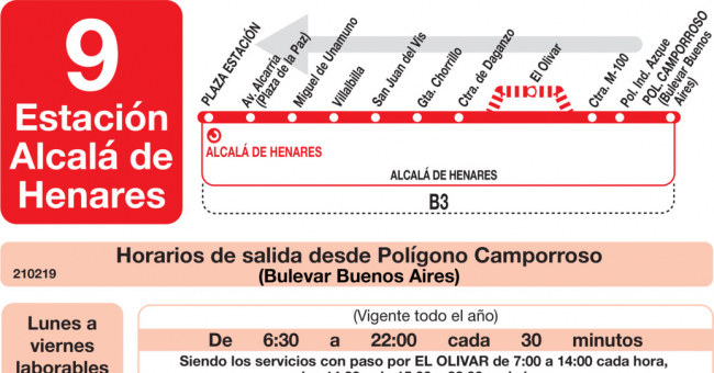 Tabla de horarios y frecuencias de paso en sentido vuelta Línea L-9 Alcalá de Henares: Estación Cercanías RENFE - Polígono Industrial Azque