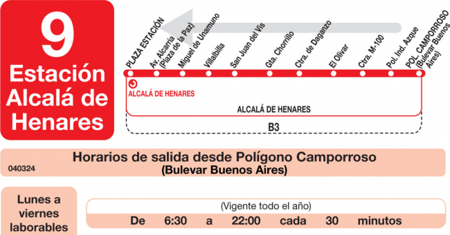 Tabla de horarios y frecuencias de paso en sentido vuelta Línea L-9 Alcalá de Henares: Estación Cercanías RENFE - Polígono Industrial Azque