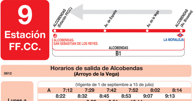 Tabla de horarios y frecuencias de paso en sentido vuelta Línea L-9 Alcobendas: Estación Cercanías RENFE - Arroyo de la Vega