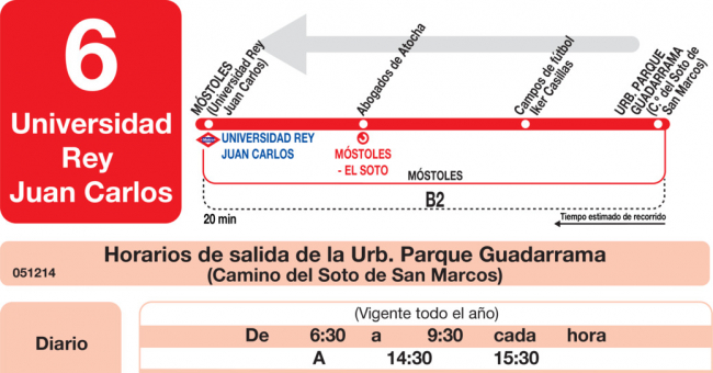 Tabla de horarios y frecuencias de paso en sentido vuelta Línea L-6 Móstoles: Universidad Rey Juan Carlos - Urbanización P. Guadarrama