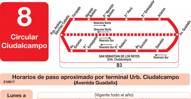 Tabla de horarios y frecuencias de paso en sentido vuelta Línea L-8 Ciudalcampo: Circular Ciudalcampo