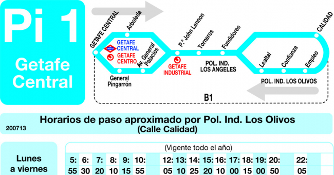 Tabla de horarios y frecuencias de paso en sentido vuelta Línea Pi-1 Getafe: Getafe Central - Polígono Industrial los Angeles - Polígono Industrial los Olivos