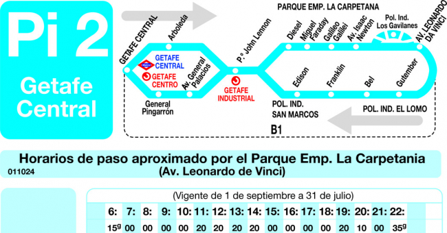 Tabla de horarios y frecuencias de paso en sentido vuelta Línea Pi-2 Getafe: Getafe Central - Polígono Industrial San Marcos - El Lomo - Parque Empresarial la Carpetanía