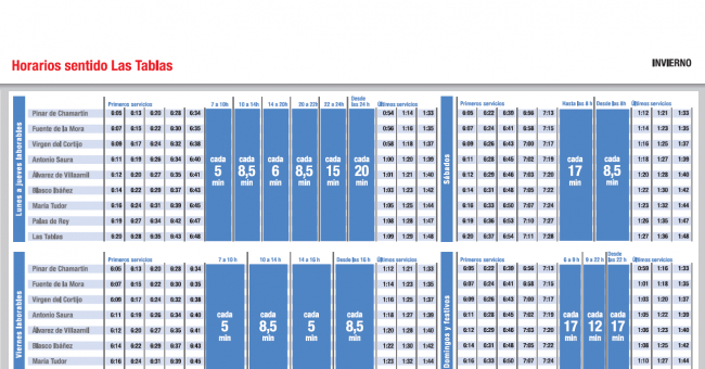 Tabla de horarios y frecuencias de paso en sentido ida Línea ML1: Pinar de Chamartín - Las Tablas