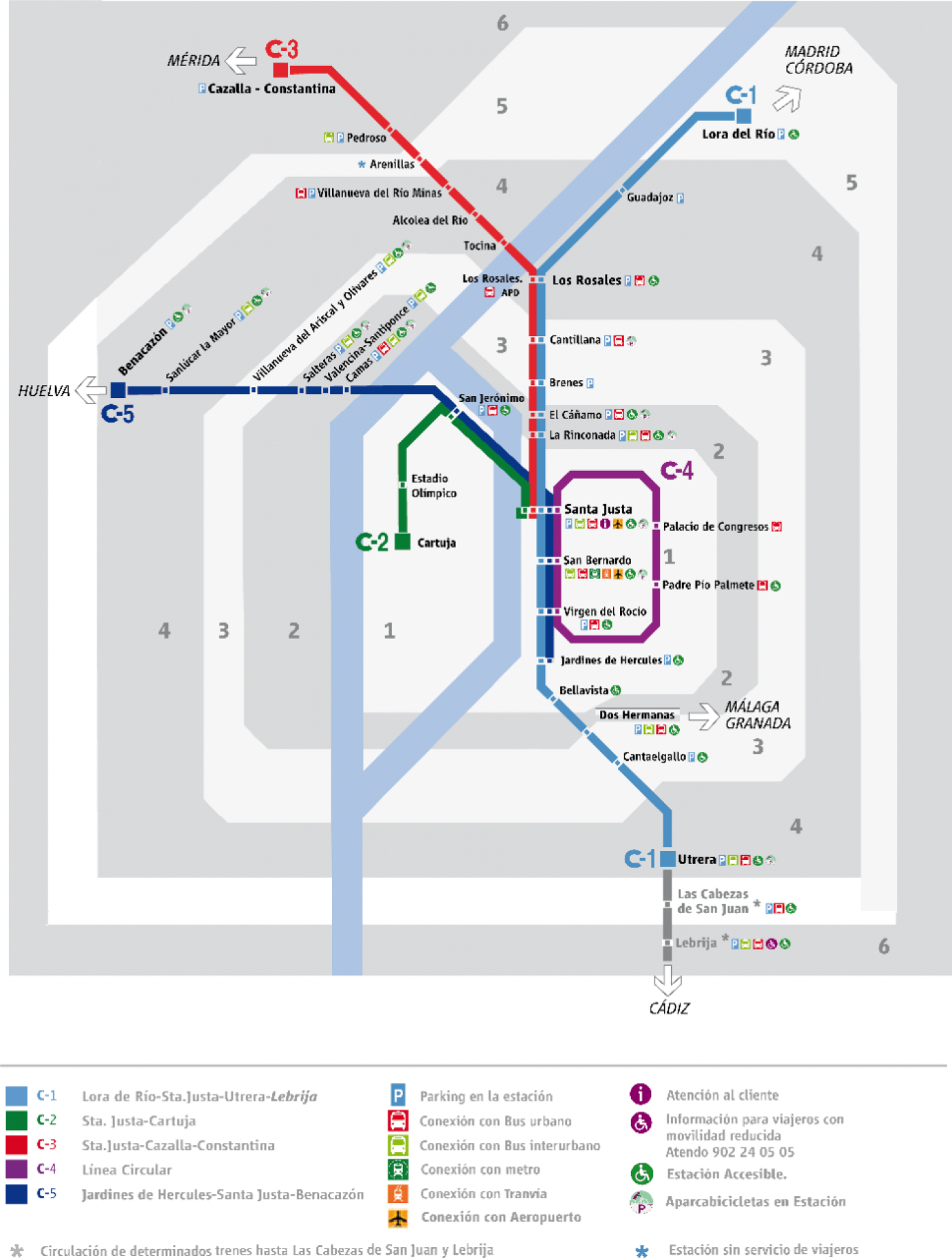caliente información vértice Plano de RENFE Cercanías Sevilla 2022