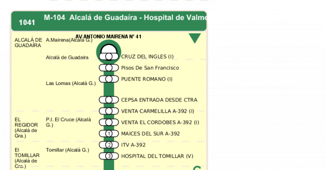 Recorrido esquemático, paradas y correspondencias en sentido ida Línea M-104: Alcalá de Guadaira - Hospital de Valme