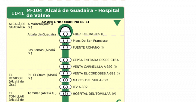 Recorrido esquemático, paradas y correspondencias en sentido ida Línea M-104: Alcalá de Guadaira - Hospital de Valme