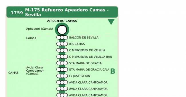 Recorrido esquemático, paradas y correspondencias en sentido ida Línea M-175: Camas - Albaida (recorrido 7)