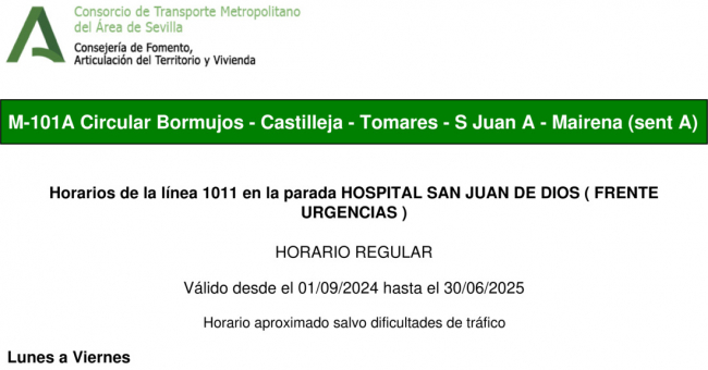 Tabla de horarios y frecuencias de paso en sentido ida Línea M-101: Bormujos (Circular)