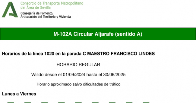 Tabla de horarios y frecuencias de paso en sentido ida Línea M-102: Circular Aljarafe