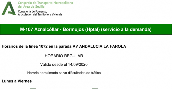 Tabla de horarios y frecuencias de paso en sentido ida Línea M-107: Aznalcóllar - Bormujos (Hospital) (recorrido 2)