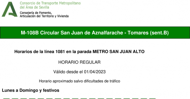 Tabla de horarios y frecuencias de paso en sentido ida Línea M-108: San Juan de Aznalfarache - Tomares (Circular)