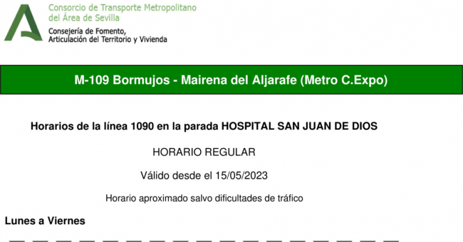 Tabla de horarios y frecuencias de paso en sentido ida Línea M-109: Bormujos - Mairena del Aljarafe (Metro)